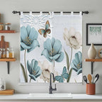 Blue Tulips Bathroom Curtains 63 Inch Length, Window Curtains Tab Top, Watercolor Flowers Butterfly Spring Farmhouse Blue Light Filtering Window Treatments Drapes 52"x63" 2 Panel