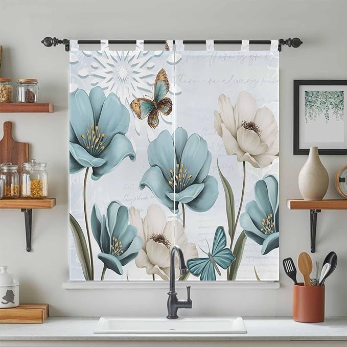 Blue Tulips Bedroom Curtains 72 Inch Length, Window Curtains Tab Top, Watercolor Flowers Butterfly Spring Farmhouse Blue Light Filtering Window Treatments Drapes 52"x72" 2 Panel