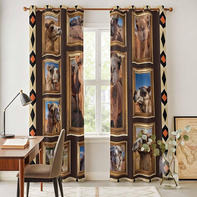 2 Panel Kitchen Cafe Curtains, Wildlife Camels Sunlight Filtering Nature Air Through, Home Decor Window Covering Tier Curtains for Living Room 104W x 96L inch Deserts Animals Brown Geometric Rustic