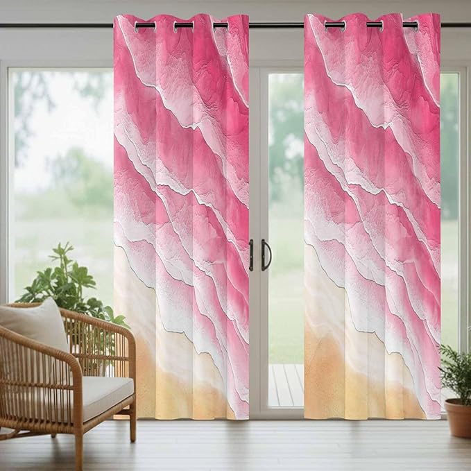 Ocean Outdoor Curtains for Patio Beach Waves Watercolor Abstract Gradient Pink Waterproof Outside Curtains with Grommet Top Weatherproof Curtain for Cabana Pergola Gazebo, 1 Panel, 54" W x 108" L