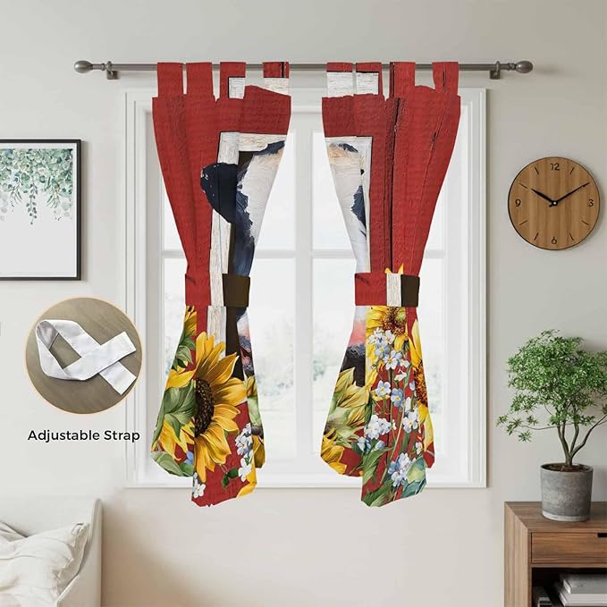 Cow Sunflowers Bedroom Curtains 72 Inch Length, Window Curtains Tab Top, Botanical Floral Leaves Bees Farm Barn Light Filtering Window Treatments Drapes 52"x72" 2 Panel