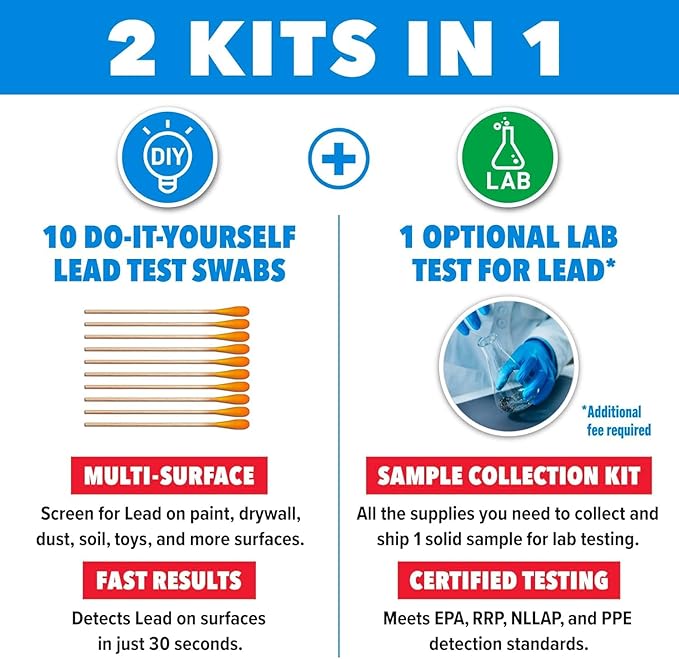 Safe Home® Lead in Solids Combo Test Kit – 10 DIY Swabs + Optional Testing at our EPA Certified Lab – Made in the USA for Homeowners & Contractors – (1 Pack)