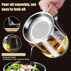 1.5L/50oz Glass Bacon Grease Container with Strainer, Cooking Oil Storage Can with Fine Mesh Filter and Scale, Lid and Easy-Grip Handle,Fat Separator for Storing Fats, Frying Oil and Cooking Grease