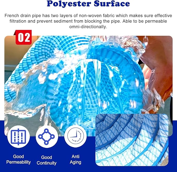 5cm/2in Diameter French Drain Pipe Perforated Drainage Pipes, Soft Infiltration Tubular Underground Drainage Systems for Outside Driveway/Sidewalk, Steel Wire Reinforced Permeable Tube(2650cm)
