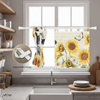 Yellow Sunflowers Kitchen Curtains 36 Inch Length, Small Window Curtains Tab Top, Country Cow Flower Butterfly Farmhouse Cream Light Filtering Short Window Treatments Tier Drapes 27.5"x36" 2 Panel