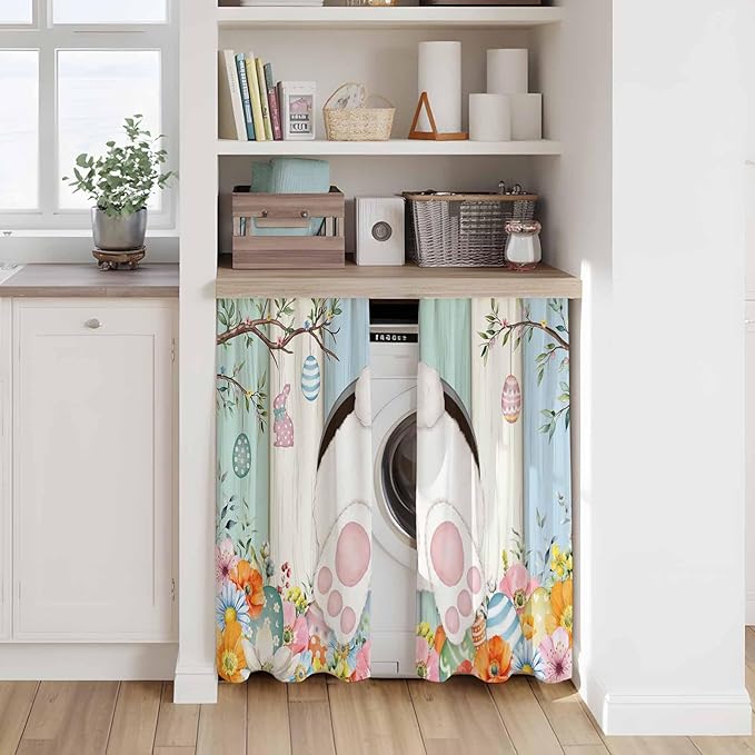 Easter Kitchen Curtains 45 Inch Long 2 Panel Set, Rod Pocket Window Treatment, Spring Watercolor Bunny Eggs Wood Grain Teal Blue Light Filtering Panels Short Drapes for Bathroom Camper 42"W x 45"L
