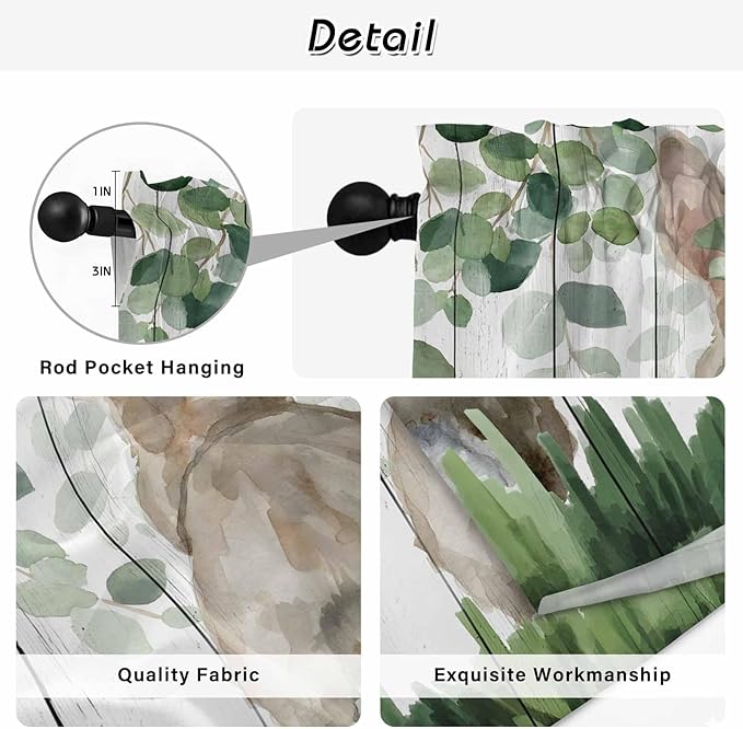 Easter Kitchen Curtains, Country Rabbit Botanical Leaves Wooden Grain Light Filtering Window Curtain Panels, 2Pcs Rod Pocket Window Treatments Set for Cabin Bathroom Bedroom 52x45 Inches