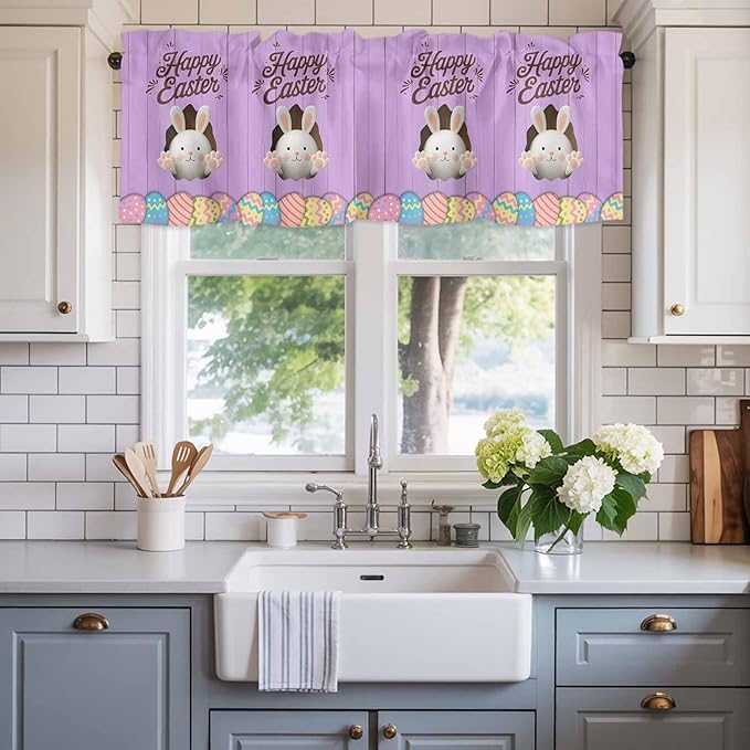 Purple Easter Curtain Valances for Windows, Kitchen Valance Window Treatment, Spring Cartoon Bunny Colorful Eggs Wood Grain Light Filtering Block Curtains for Bathroom/Bedroom/Living Room 42'' x 12''