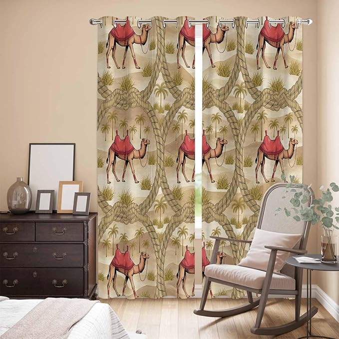 2 Panel Kitchen Cafe Curtains, Desert Camels Sunlight Filtering Nature Air Through, Home Decor Window Covering Tier Curtains for Living Room 104W x 90L inch Tropical Palm Trees Sand Cords Brown