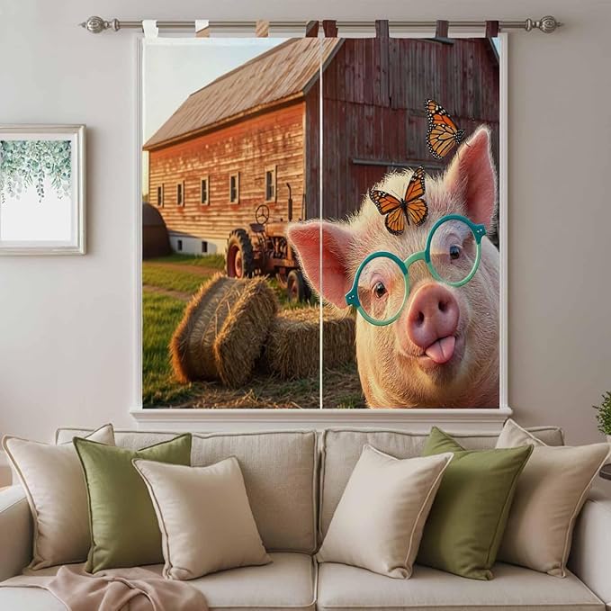 Farm Pig Living Room Curtains 84 Inch Length, Window Curtains Tab Top, Farmhouse Barn Funny Animals Butterfly Light Filtering Window Treatments Drapes 42"x84" 2 Panel