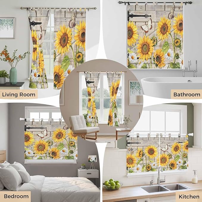 Farm Flowers Living Room Curtains 84 Inch Length, Window Curtains Tab Top, Retro Sunflowers Barn Doors Butterfly Wood Board Light Filtering Window Treatments Drapes 52"x84" 2 Panel