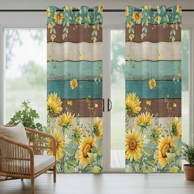 Sunflowers Outdoor Curtains for Patio Summer Floral Eucalyptus Leaves Vintage Wood Waterproof Outside Curtains with Grommet Top Weatherproof Curtain for Cabana Pergola Gazebo, 1 Panel, 54" W x 108" L