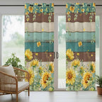 Sunflowers Outdoor Curtains for Patio Summer Floral Eucalyptus Leaves Vintage Wood Waterproof Outside Curtains with Grommet Top Weatherproof Curtain for Cabana Pergola Gazebo, 1 Panel, 54" W x 84" L