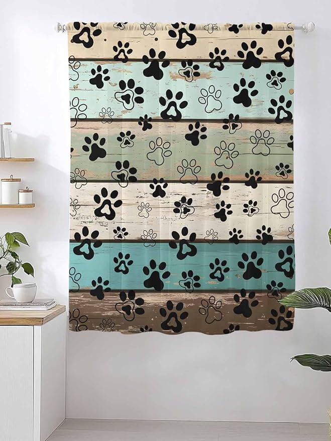 Sheer Curtains 63 Inch Length, Sage Green Brown Paw Prints Semi Sheer Curtains Light Filtering Window Treatment, Vintage Farmhouse Wooden Grain Privacy Voile Drapes for Living Room Bedroom 52x63 Inch