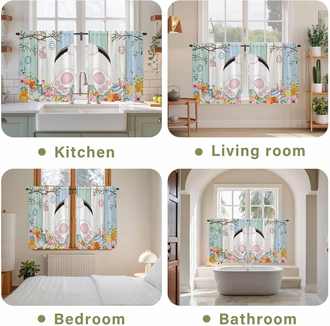 Easter Kitchen Curtains 45 Inch Long 2 Panel Set,Rod Pocket Window Treatment,Spring Watercolor Bunny Eggs Wood Grain Teal Blue Light Filtering Short Curtains & Drapes for Bathroom Laundry 52"W x 45"L