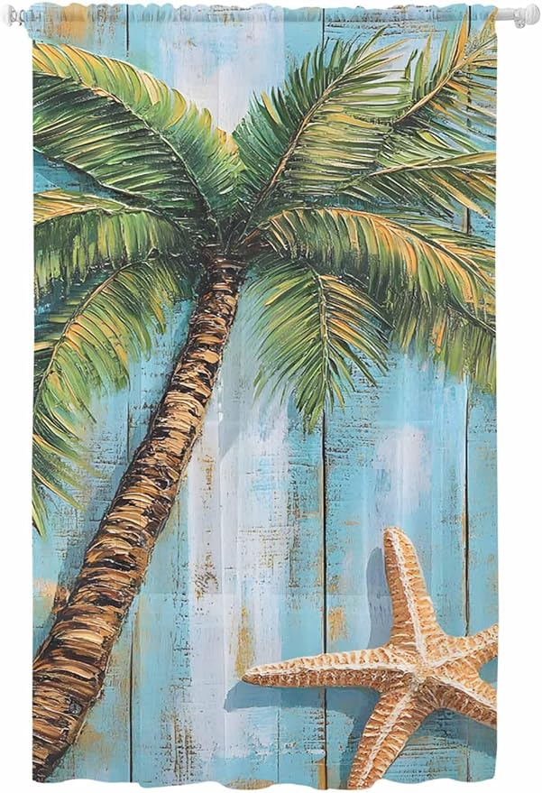 Sheer Curtains 108 Inches Long, Coastal Beach Tree Semi Sheer Curtains Light Filtering Window Treatment, Summer Tropical Starfish Wood Grain Privacy Voile Drapes for Living Room Bedroom 52x108 Inch