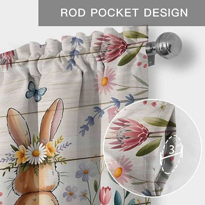 Easter Curtain Valances for Windows, Kitchen Valance Window Treatment, Spring Bunny Butterfly Botanical Wooden Grain Light Filtering Block Curtains for Bathroom/Bedroom/Living Room 42'' x 12''
