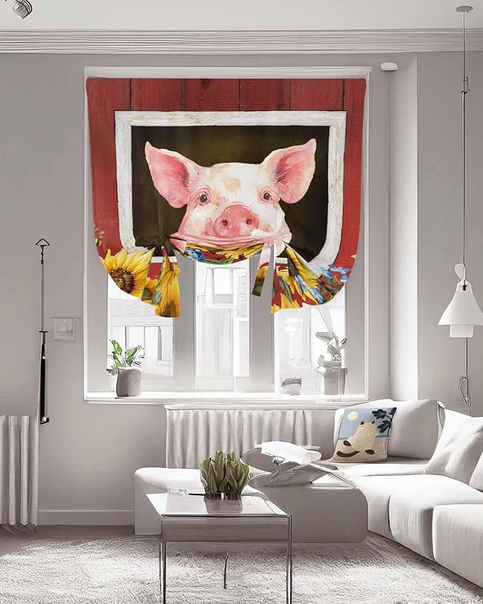 Tie Up Curtains for Windows, Pigs Sunflowers Adjustable Balloon Nature Linen Textured Kitchen Curtain, Farmhouse Red Barn Flowers Animals Blackout Curtains for Living Room, 46 x 63 Inches