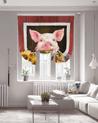 Tie Up Curtains for Windows, Pigs Sunflowers Adjustable Balloon Nature Linen Textured Kitchen Curtain, Farmhouse Red Barn Flowers Animals Privacy Curtains Balloon Blind for Cafe, 42 x 63 Inches