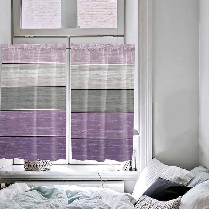 Country Wood Board Gray Purple Window Valance Curtains, Farmhouse Gradient Plank Light Filtering Kitchen Valance with 3-inch Rod Pocket for Living Room Bathroom Bedroom,2 Panel,42x45In