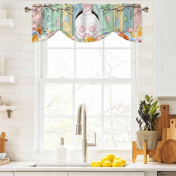 Easter Tie Up Valance Curtains for Windows, Kitchen Curtains Window Shades, Spring Colorful Bunny Eggs Flower Wood Grain Light Filtering Roman Curtain Valances for Bedroom/Bathroom/Cafe 60"x18"