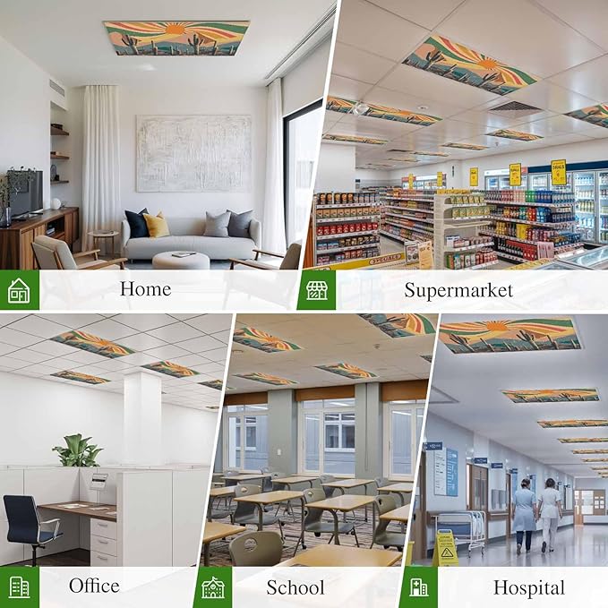 Fluorescent Light Covers for Ceiling Lights Cactus Desert Magnetic Light Filters 4 Pack 4x2 ft Boho Abstract Sun Mountain Rainbow Ceiling Lights Cover for Classroom Office School Home Drop Lamp Decor