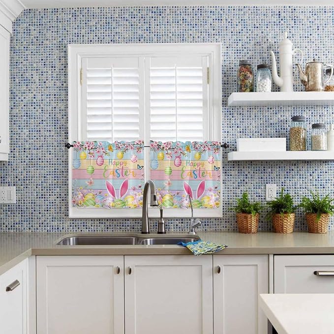 Colorful Easter Half Window Curtain 36 Inches Long, Spring Watercolor Bunny Egg Flower Wood Grain Window Treatment Curtain Drapes, Small Tier Curtains for Bathroom Over Sink, 27.5"x36", 2 Panels