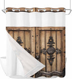 Wood Barn Door No Hook Shower Curtain with Snap in Liner Set, Waterproof Shower Curtains for Bathroom, Wooden Plank Fabric Shower Curtain, See Through Mesh Top Window, 66" W x 72" L