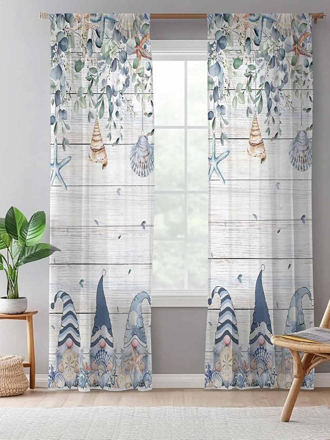 Sheer Curtains 96 Inches Long, Coastal Eucalyptus Leaf Semi Sheer Curtains Light Filtering Window Treatment, Ocean Blue Gnomes Starfish Wood Grain Privacy Voile Drapes for Living Room 52x96 Inch