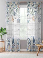 Sheer Curtains 108 Inches Long, Coastal Eucalyptus Leaf Semi Sheer Curtains Light Filtering Window Treatment, Ocean Blue Gnomes Starfish Wood Grain Privacy Voile Drapes for Living Room 52x108 Inch