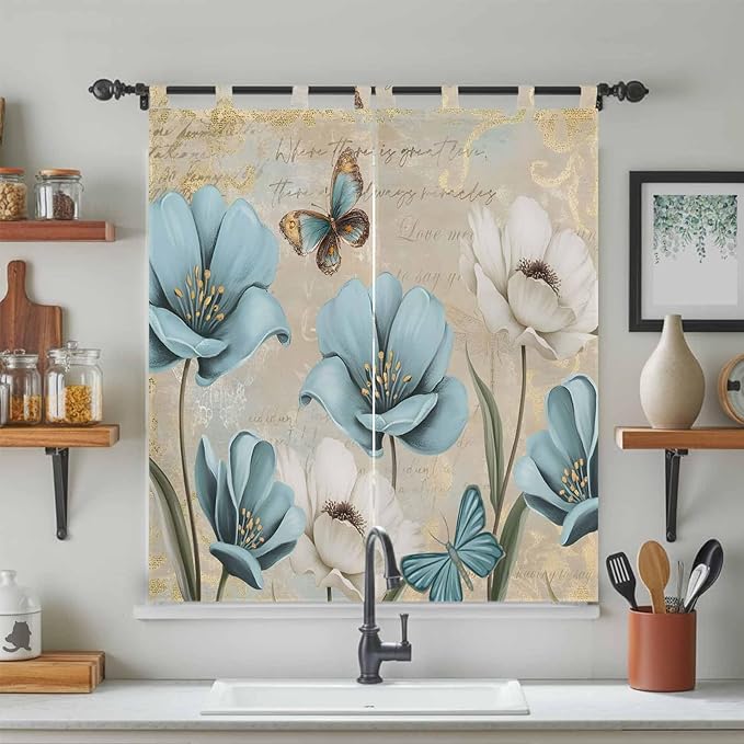 Spring Flowers Bedroom Curtains 72 Inch Length, Window Curtains Tab Top, Vintage Rustic Tulips Floral Butterfly Khaki Light Filtering Window Treatments Drapes 52"x72" 2 Panel
