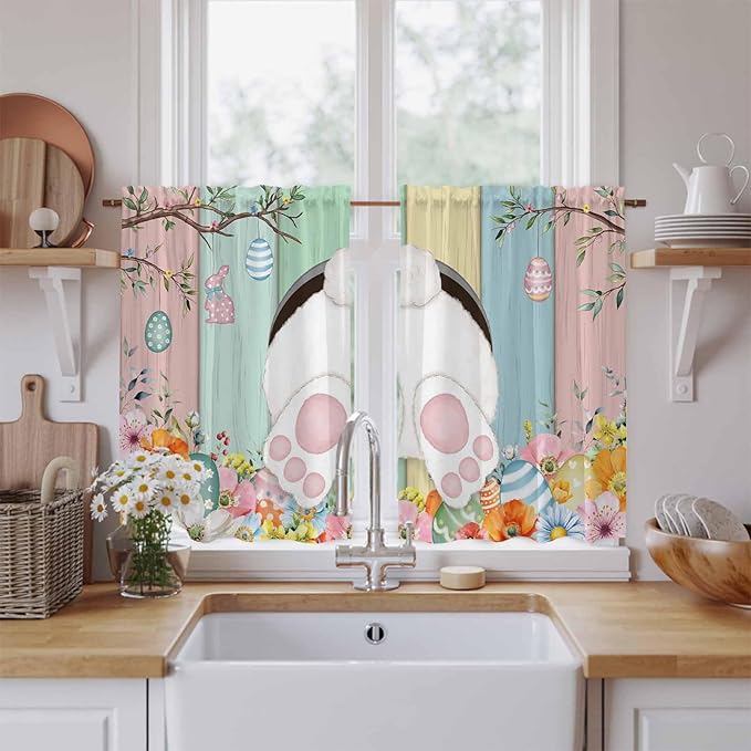 Easter Kitchen Curtains 45 Inch Long 2 Panel Set, Rod Pocket Window Treatment, Spring Colorful Bunny Eggs Flower Wood Grain Light Filtering Short Curtains & Drapes for Bathroom Laundry 52"W x 45"L