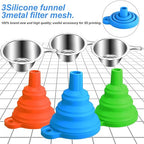 Boao 6 Pack Resin Funnels Filter 3D Printer Accessories Include Collapsible Silicone Funnels and Stainless Steel Filter Cups for Pouring Resin Back into Bottle(Blue, Orange, Green)