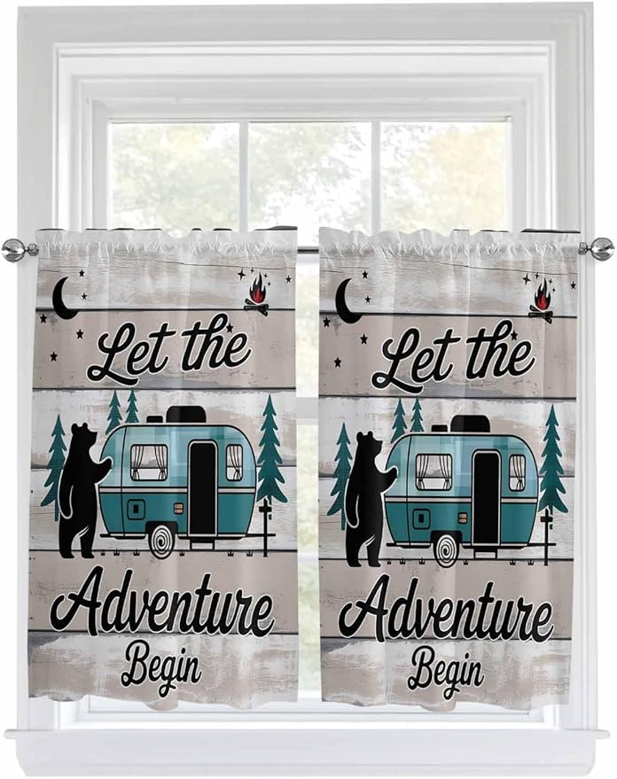 Farmhouse Bear Camper Van Tree Window Valance Curtains, Vintage Wood Grain Light Filtering Kitchen Valance with 3-inch Rod Pocket for Living Room Bathroom Bedroom,2 Panel,52x45In