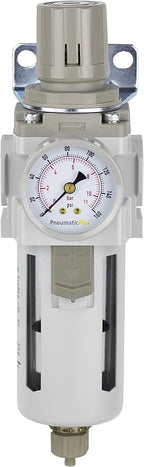 PneumaticPlus SAW400-N04BG Compressed Air Filter Regulator Piggyback Combo 1/2" NPT - Poly Bowl, Manual Drain, Bracket, Gauge