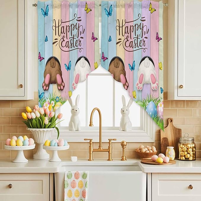 Swag Curtain Valances for Kitchen Windows,Happy Easter Rabbit Butt Egg on Daisy Leaf Short Rod Pocket Window Valance,Bufferfly on Wood Barn Swag Topper for Bedroom Living Room,2 Panels 28x36in