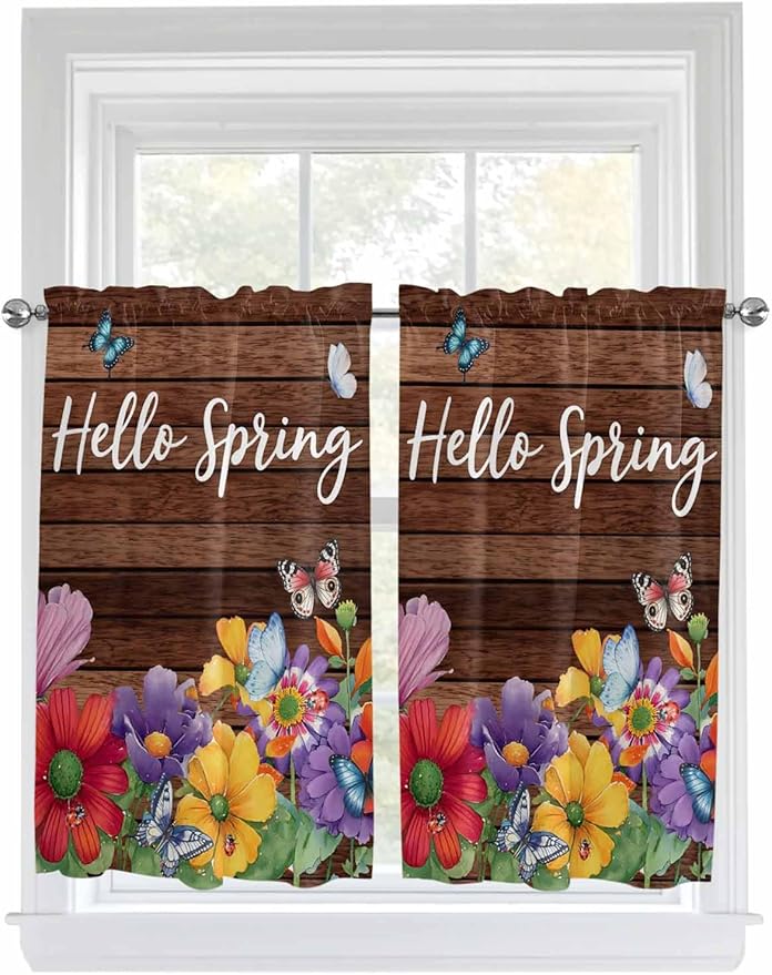 Spring Flowers Kitchen Curtains 54 Inches length, Watercolor Farmhouse Colorful Wooden Grain Window Treatment Curtain Drapes, Thermal Insulated Drapes for Basement Hotel RV, 42"x54", 2 Panels