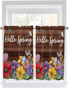 Spring Flowers Tier Curtains 45 Inches Long, Watercolor Farmhouse Colorful Wooden Grain Window Treatment Curtain Drapes, Window Half Privacy Curtains for Bedroom Bathroom, 42"x45", 2 Panels