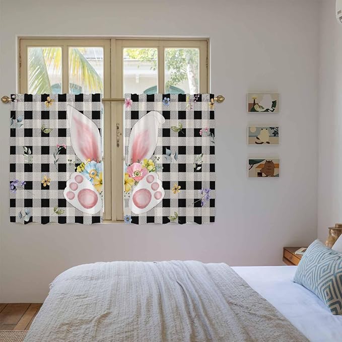 Easter Kitchen Curtains 54 Inch Long 2 Panel Set, Rod Pocket Window Curtains Panels, Spring Rabbits Ears Feet Wildflowers Black Plaid Light Filtering Privacy Draperies for Bedroom Laundry 42"W x 54"L