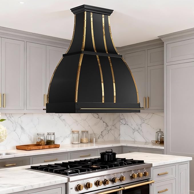 CHETTO C Stainless Steel Range Hood Cover with 4-Speed Vent Hood Insert Custom Handmade Metal Kitchen Fan with Towel Rack LED Light 54"W x27"D x36"H Black Island Mount