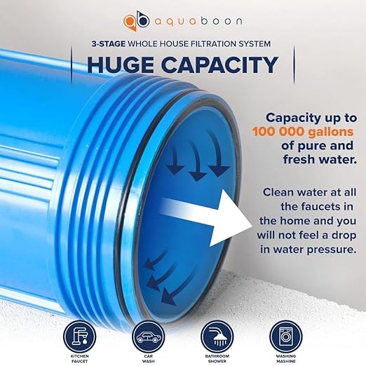 Aquaboon 3-Stage Whole House Water Filtration System with 5 Micron 10x4.5 Reducing Sediment, KDF Heavy Metals and Carbon Chlorine Reduction Water Filter Purification Cartrige, Pressure Gauges, Bracket