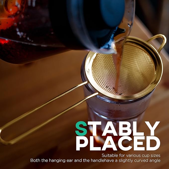 Homestia Fine Mesh Strainer for Kitchen, 304 Stainless Steel Sieve Sifters Cocktail Strainer for Food, Tea, Oil, Noodles, Coffee, Juice, Flour, Fruits, Vegetables - Easy to Clean Drink Strainer (Gold)
