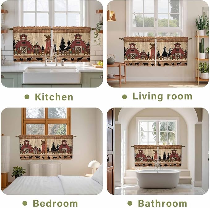 Brown Farmhouse Tier Curtains, Vintage Country Animals Wooden Grain Light Filtering Kitchen Curtains, 2Pcs Rod Pocket Half Window Treatments Panels for Sink Cafe Cabinet Camper 27.5x24 Inches