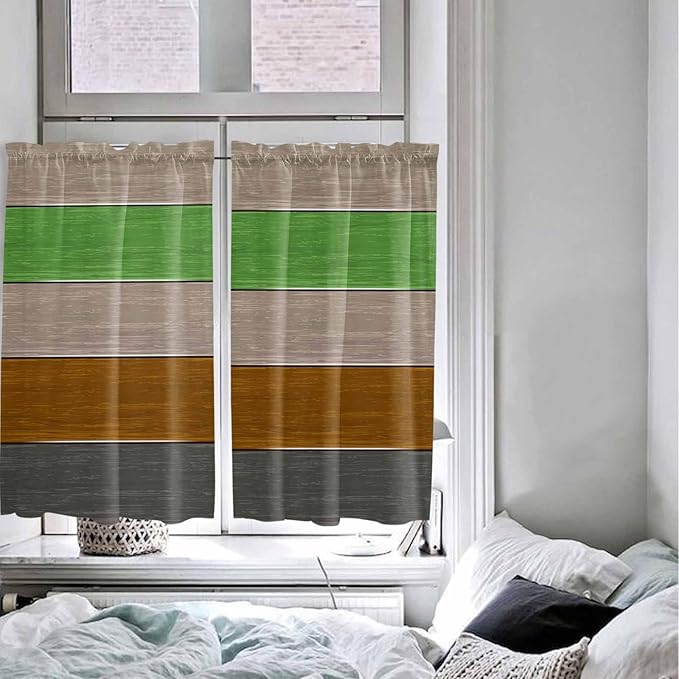 Farm Gray Green Brown Wood Grain Window Valance Curtains, Rustic Wooden Plank Light Filtering Kitchen Valance with 3-inch Rod Pocket for Living Room Bathroom Bedroom,2 Panel,42x54In