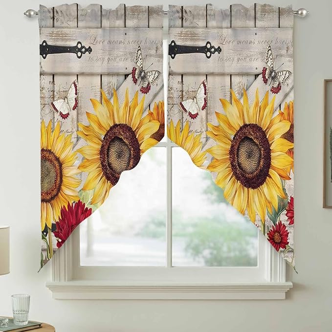 Red Yellow Sunflowers Swag Valances for Windows, Retro Rustic Barn Doors Butterfly Brown Rod Pocket Kitchen Curtains Valance, Kitchen Window Curtains Swag for Cafe Living Room, 2 Panels, 36x45 inch