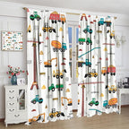 Construction Window Curtains, Kids Cartoon Construction Machines Building Hand Drawn Doodle Rod Pocket Decorative Windows Curtain for Children Teens Room Decor 63x72in (30% Blackout)