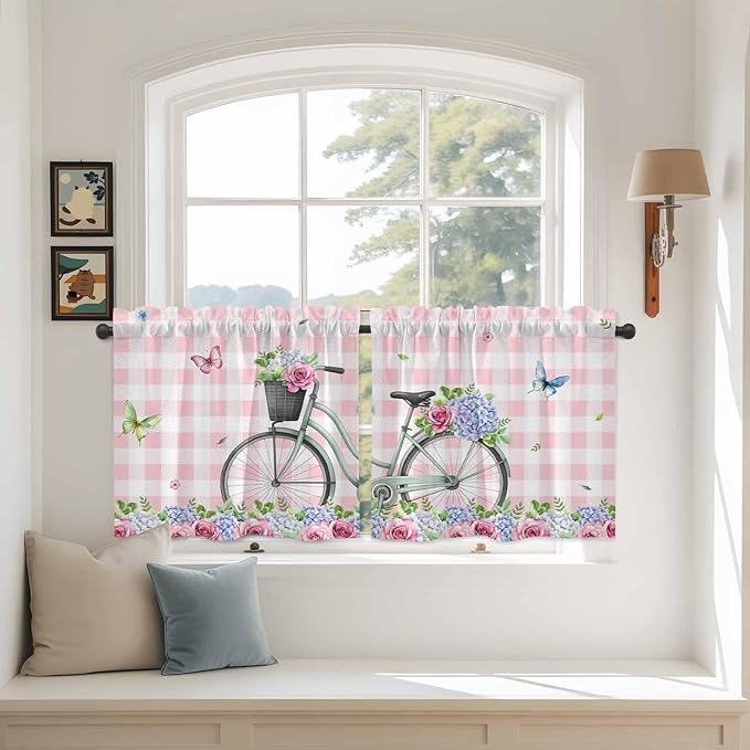 Spring Tier Curtains, Bicycles Leaves Butterfly Flowers Pink Buffalo Plaid Light Filtering Kitchen Curtains, 2Pcs Rod Pocket Half Window Treatments Panels for Sink Cafe Cabinet Camper 27.5x24 Inches