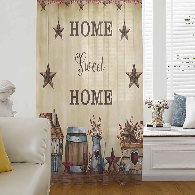 Farm Sheer Curtains 63 Inch Length American Country Barn Star Vintage Berry Brown Chiffon Curtain for Bedroom Living Room Light Filtering Rod Pocket Window Treatments Voile Curtains Drapes for Dining
