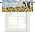 Cow Sunflowers Curtain Valances for Windows, Kitchen Valance Window Treatment, Farmhouse Animal Blue Sky Wooden Grain Light Filtering Block Curtains for Bathroom/Bedroom/Living Room 42'' x 18''