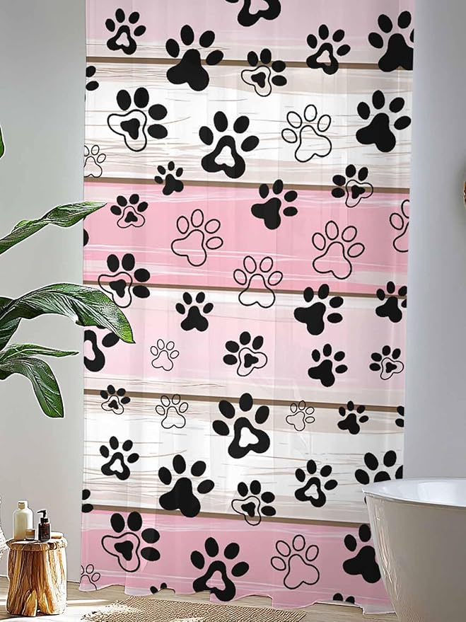 Sheer Curtains 96 Inches Long, Pink Beige Paw Print Semi Sheer Curtains Light Filtering Window Treatment, Vintage Farmhouse Country Wooden Grain Privacy Voile Drapes for Living Room Bedroom 52x96 Inch